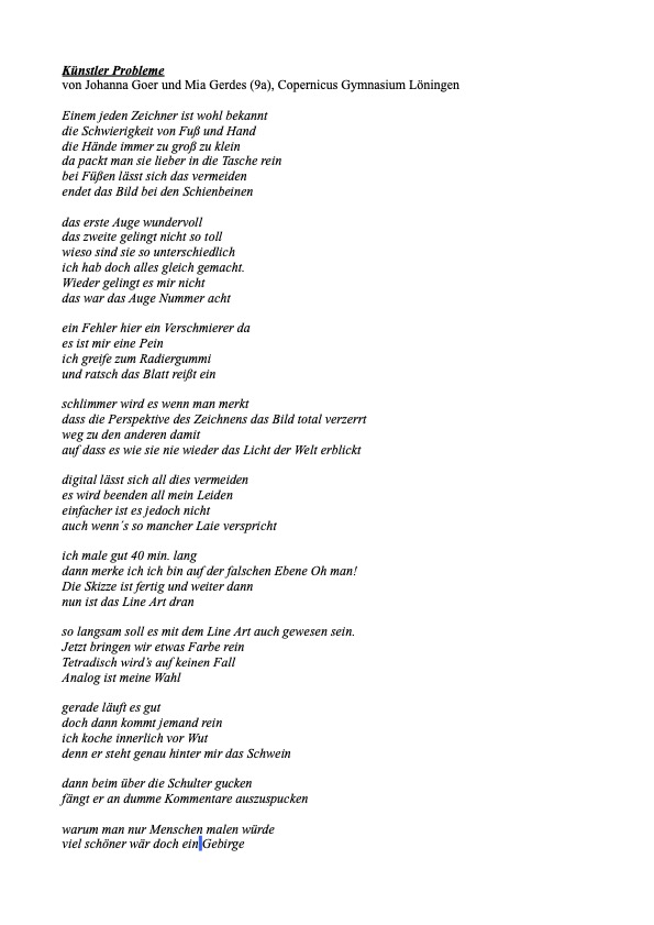 Kunstlerprobleme von Mia Gerdes und Johanna Goer 9a