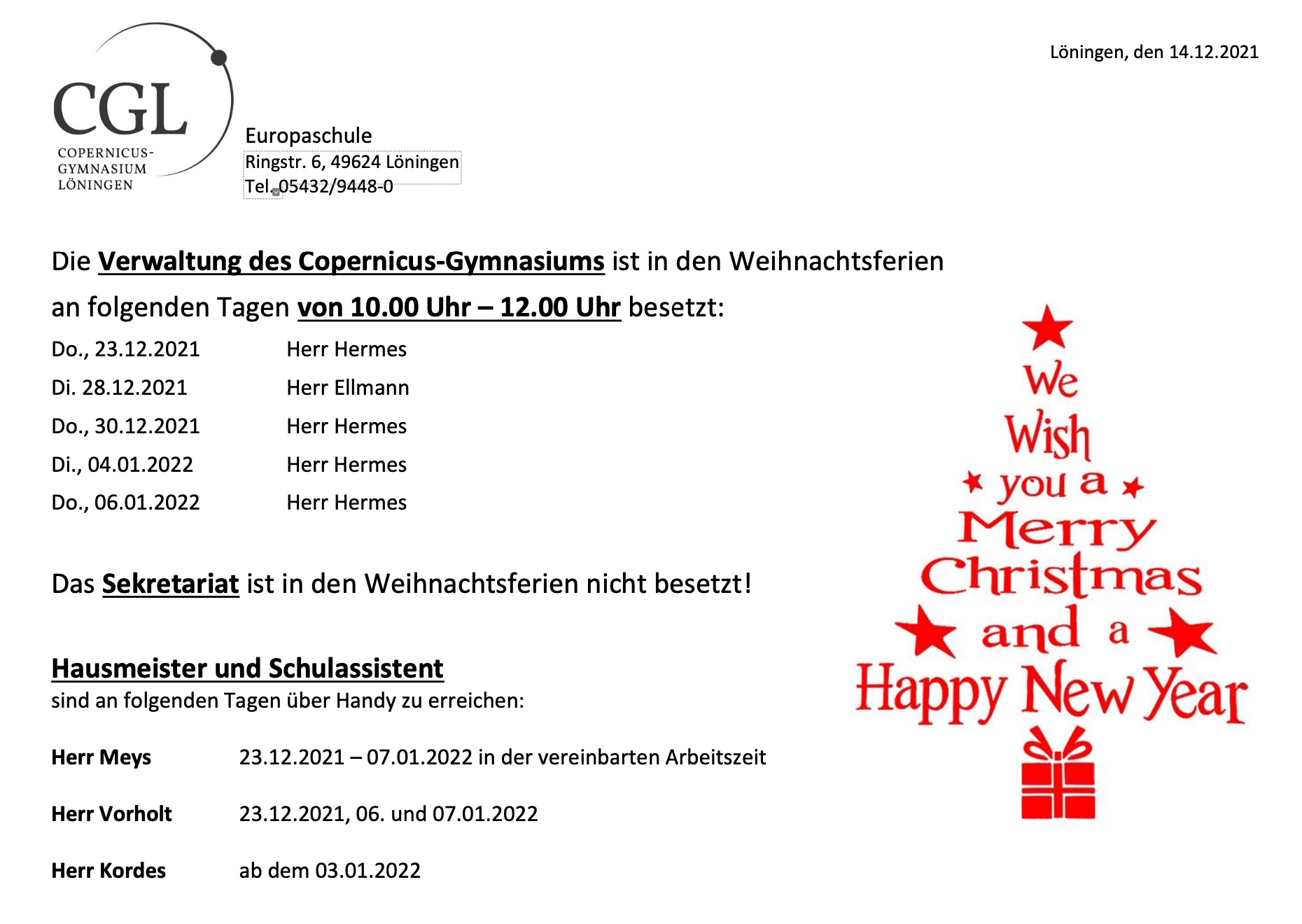 Prasenzzeiten in den Weihnachtsferien