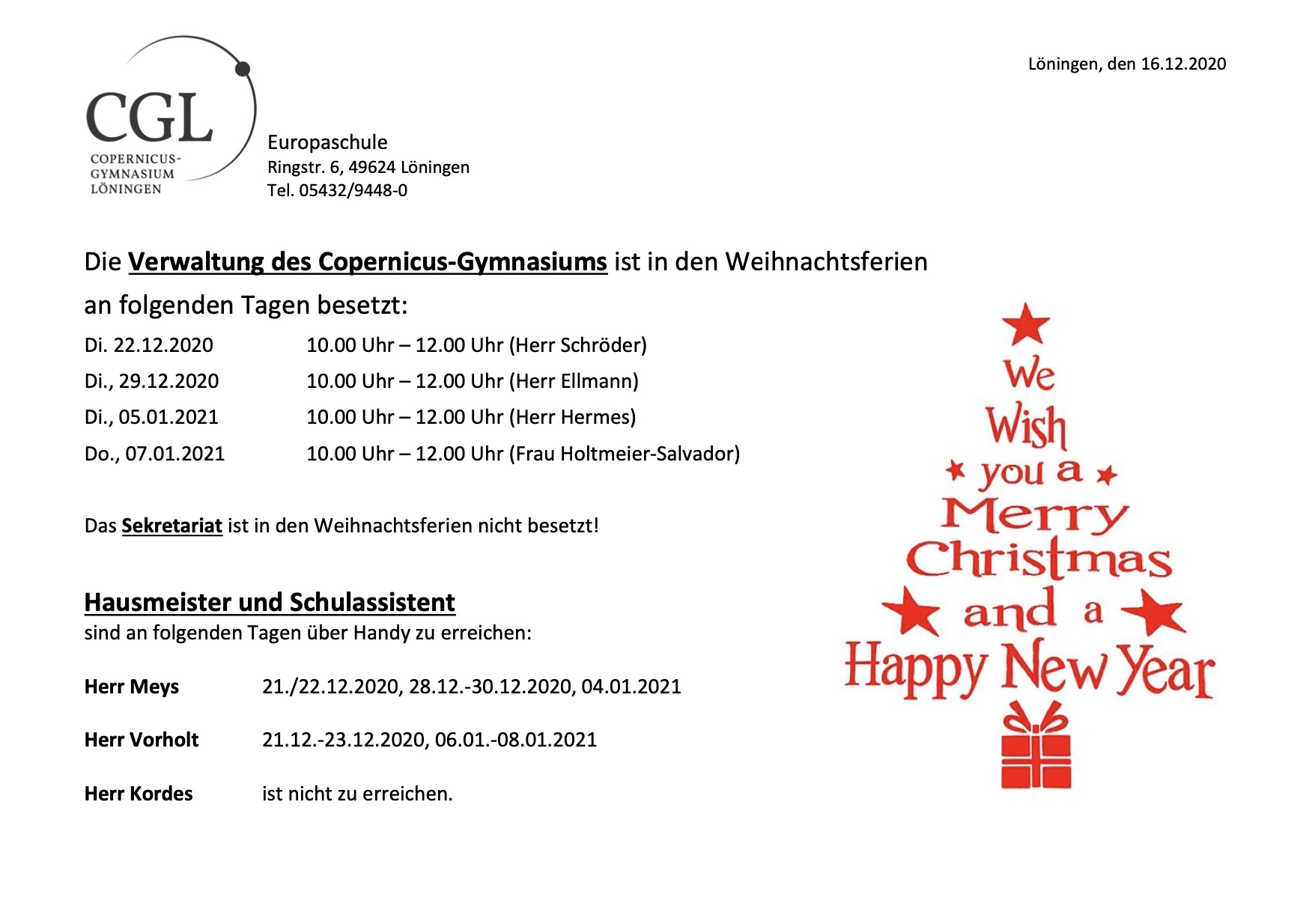 Weihnachten Präsenzzeiten